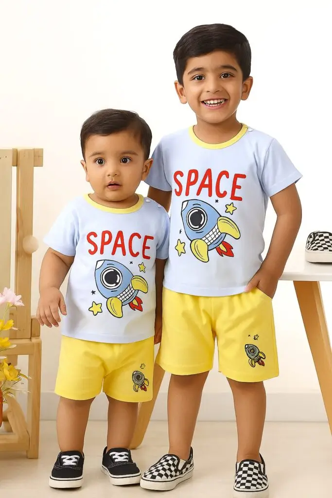 Space Rocket Print T-Shirt and Shorts, Baby and Toddler Boys